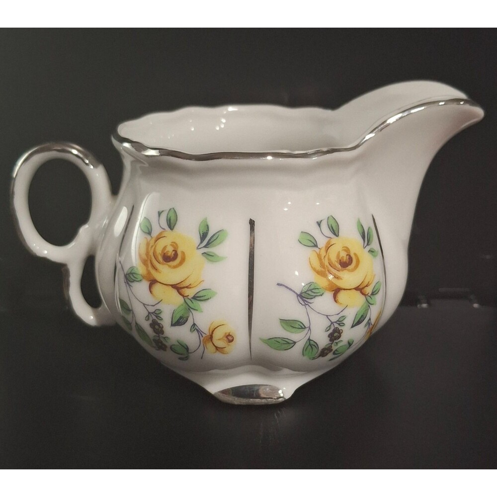 VTG Fred Roberts Co Yellow Rose Purple Flowers Silver Trim Petite Creamer Japan